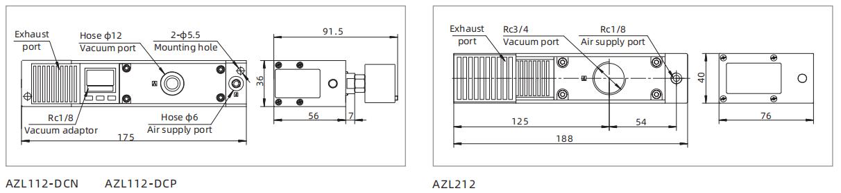 AZL Series Multistage Vacuum Generator Dimensions